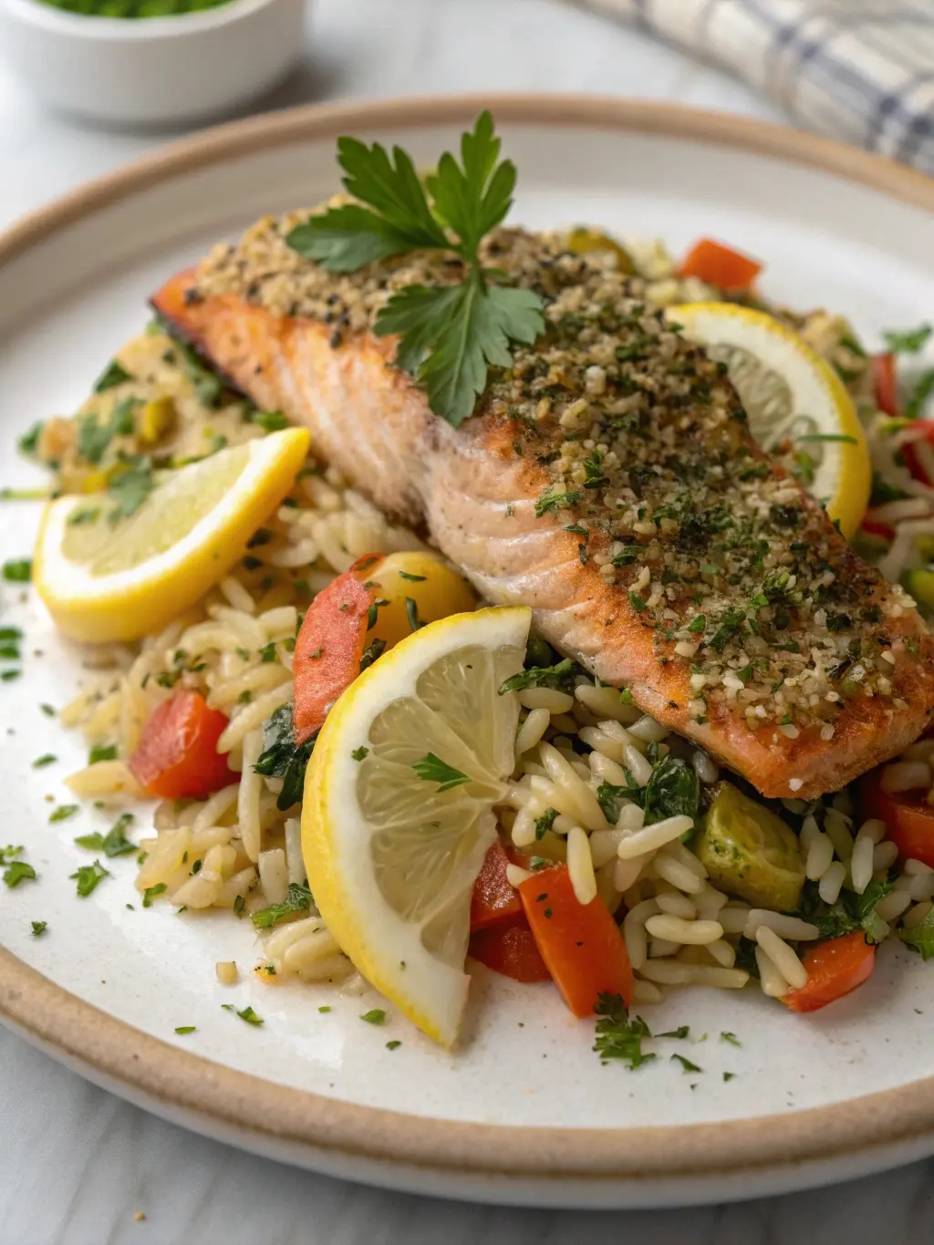 30 Minute Dinner Herb-Crusted Salmon with Orzo