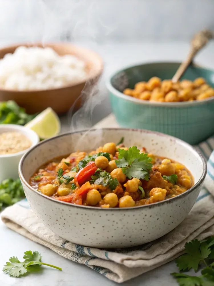 Creamy chickpea curry with tomatoes, coconut milk, and aromatic spices served with rice and fresh cilantro.