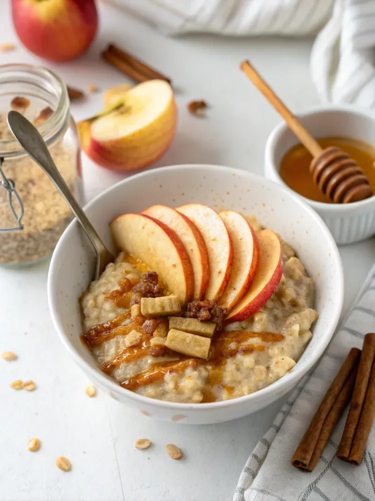 Warm apple cinnamon oatmeal topped with fresh apple slices, cinnamon, and oats in a cozy breakfast bowl.