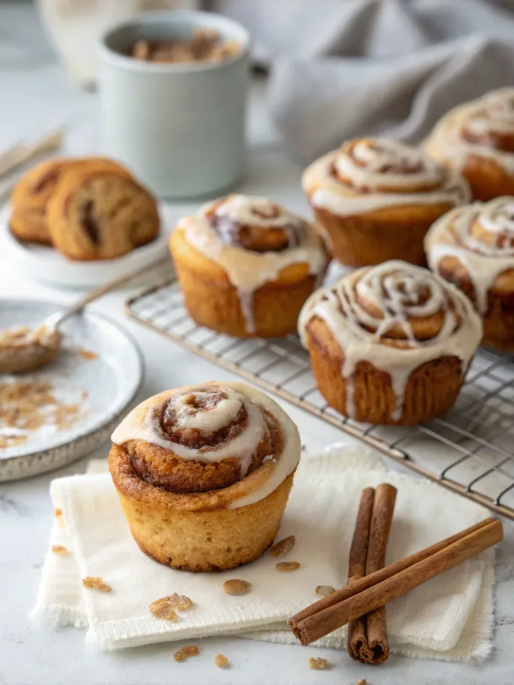 Soft cinnamon roll muffins topped with sweet vanilla icing and a cinnamon sugar swirl.