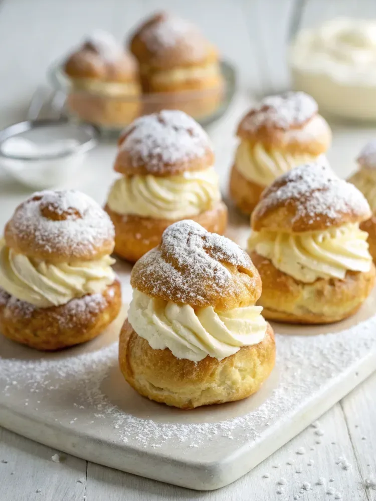 Classic French profiteroles filled with cream and topped with rich chocolate sauce on a serving plate.
