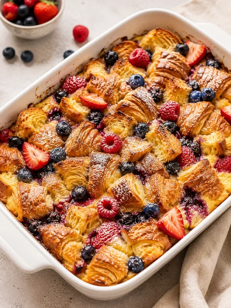 Golden croissant French toast bake topped with fresh berries and powdered sugar in a baking dish.