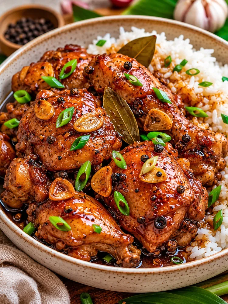 Easy Chicken Adobo served over white rice with garlic, bay leaves, black peppercorns, and green onions in a rustic bowl.