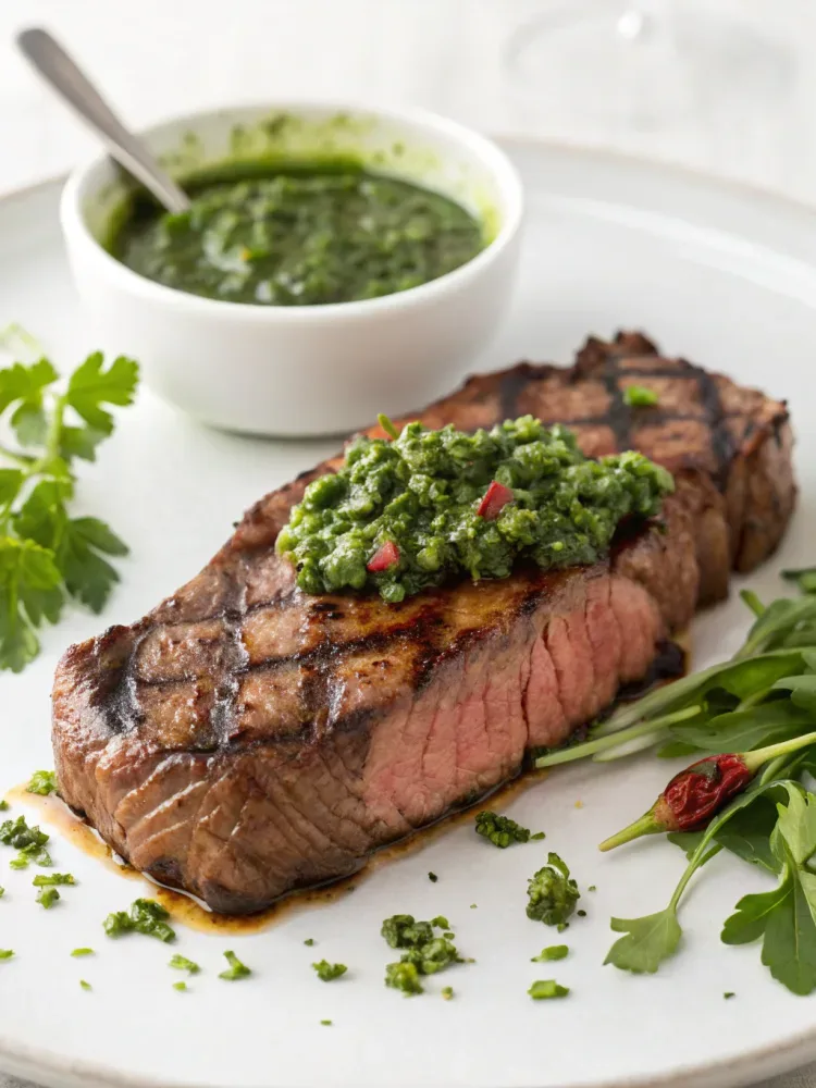 Juicy grilled steak topped with fresh chimichurri sauce made with parsley, garlic, olive oil, and herbs.