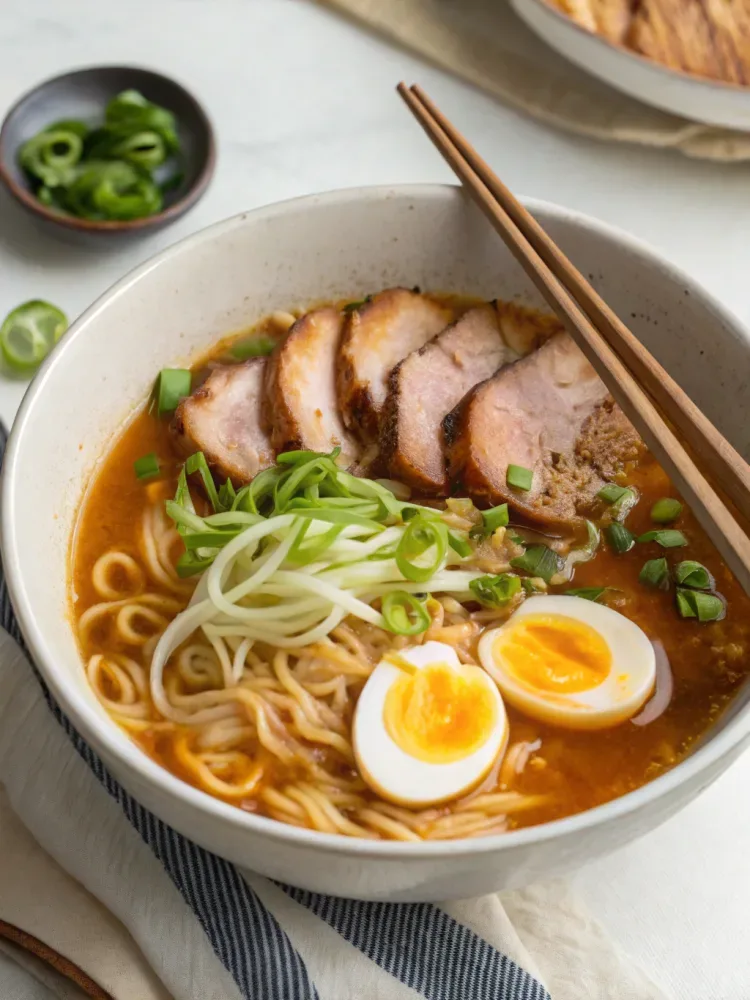 Homemade ramen with rich savory broth, noodles, soft-boiled egg, sliced pork, green onions, and fresh toppings in a bowl.
