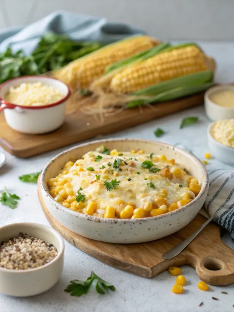 Creamy Korean corn cheese topped with melted mozzarella, sweet corn, and green onions in a hot skillet.