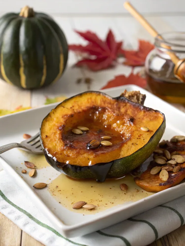Maple roasted acorn squash with caramelized edges, maple glaze, and fresh herbs served on a rustic platter.