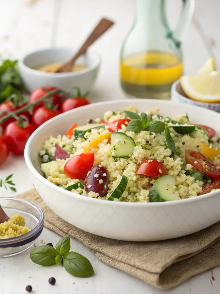 Mediterranean couscous salad with cucumber, tomatoes, feta cheese, olives, and fresh herbs in a serving bowl.