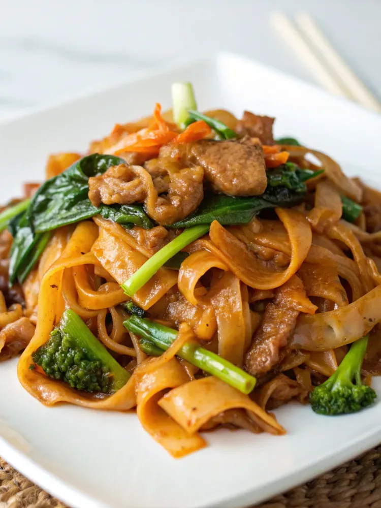 Authentic Pad See Ew with wide rice noodles, Chinese broccoli, and tender beef stir-fried in a savory Thai soy sauce.