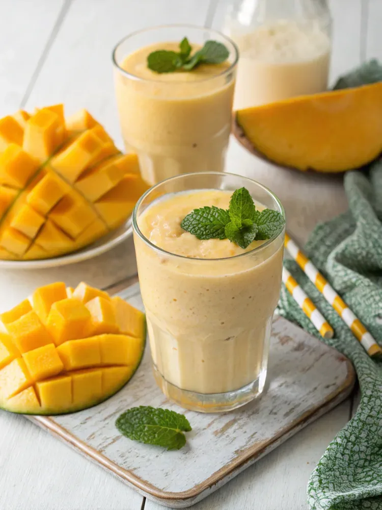 Creamy tropical mango smoothie blended with ripe mango, pineapple, and coconut, served in a chilled glass.