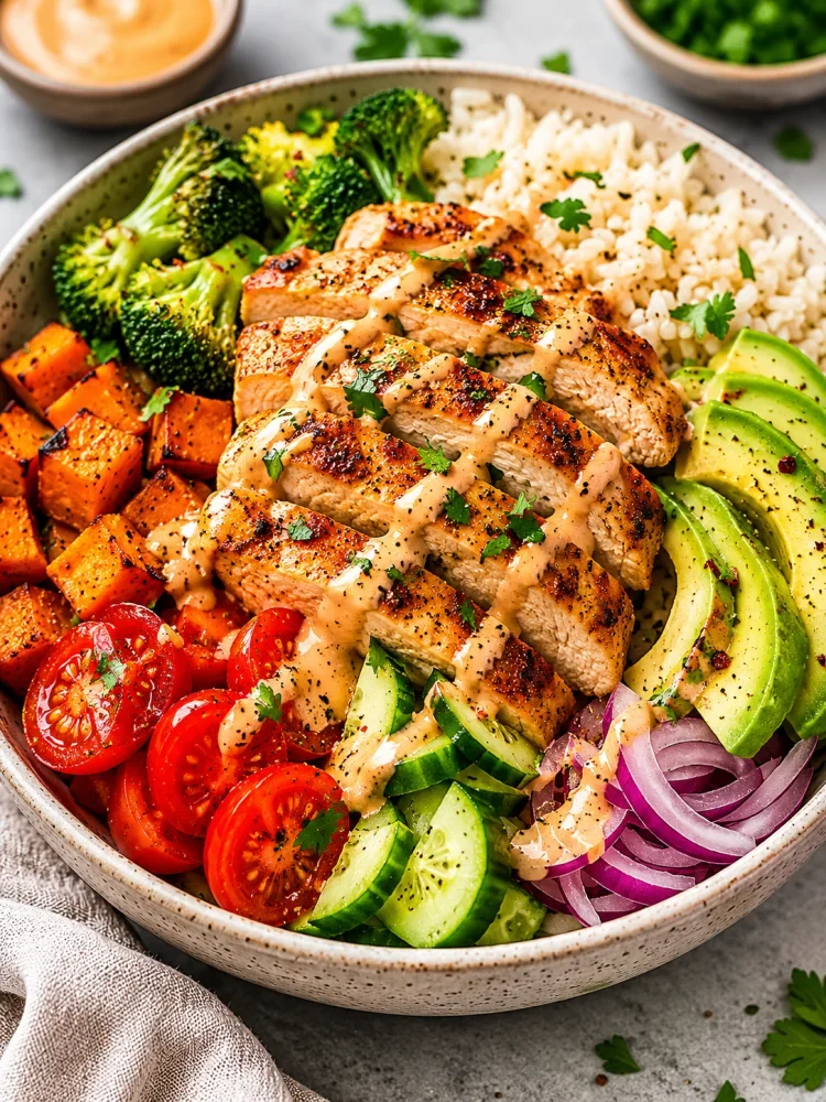 High protein chicken bowl with grilled chicken, avocado, rice, broccoli, cucumber, and fresh vegetables.