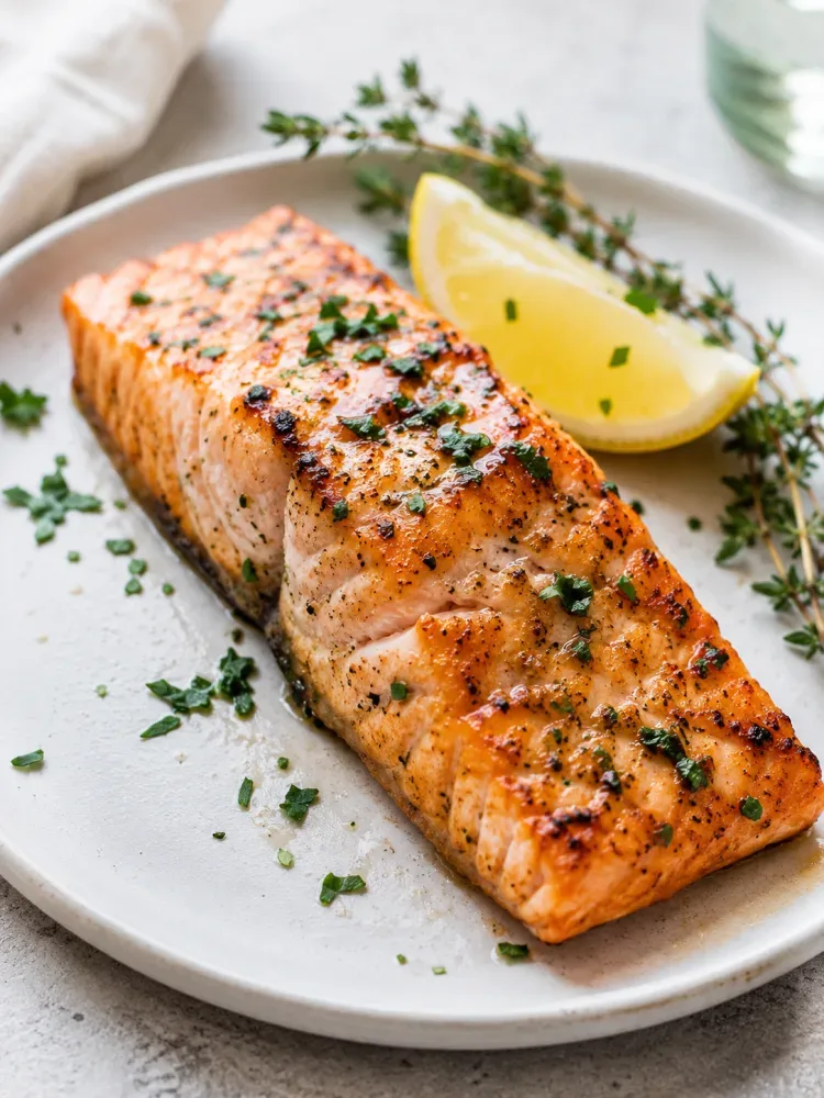Close-up of grilled salmon with fresh herbs and lemon on a white plate. The salmon fillet has a golden, lightly charred crust and is garnished with chopped parsley and thyme. Styled in natural light with a clean, rustic background, highlighting the juicy texture and vibrant colors of this healthy seafood recipe.
