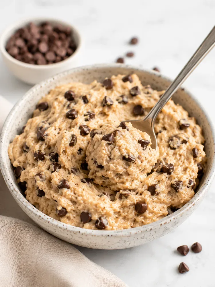 Close-up of high protein cottage cheese cookie dough mixed with chocolate chips and served in a ceramic bowl. A spoon scoops the creamy, edible cookie dough, showcasing its thick texture and rich chocolate chip filling. Photographed in natural light on a clean background, highlighting the healthy, protein-packed ingredients and indulgent dessert appeal of this easy no-bake treat.