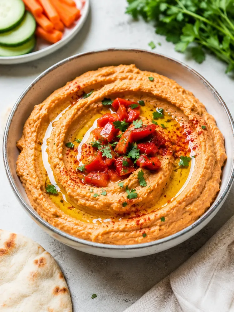 Bowl of creamy roasted red pepper hummus topped with olive oil, paprika, fresh parsley, and diced roasted red peppers. Served with pita bread and fresh vegetables on a light, clean background, photographed in natural light to highlight the smooth texture and vibrant colors of this healthy homemade dip recipe.