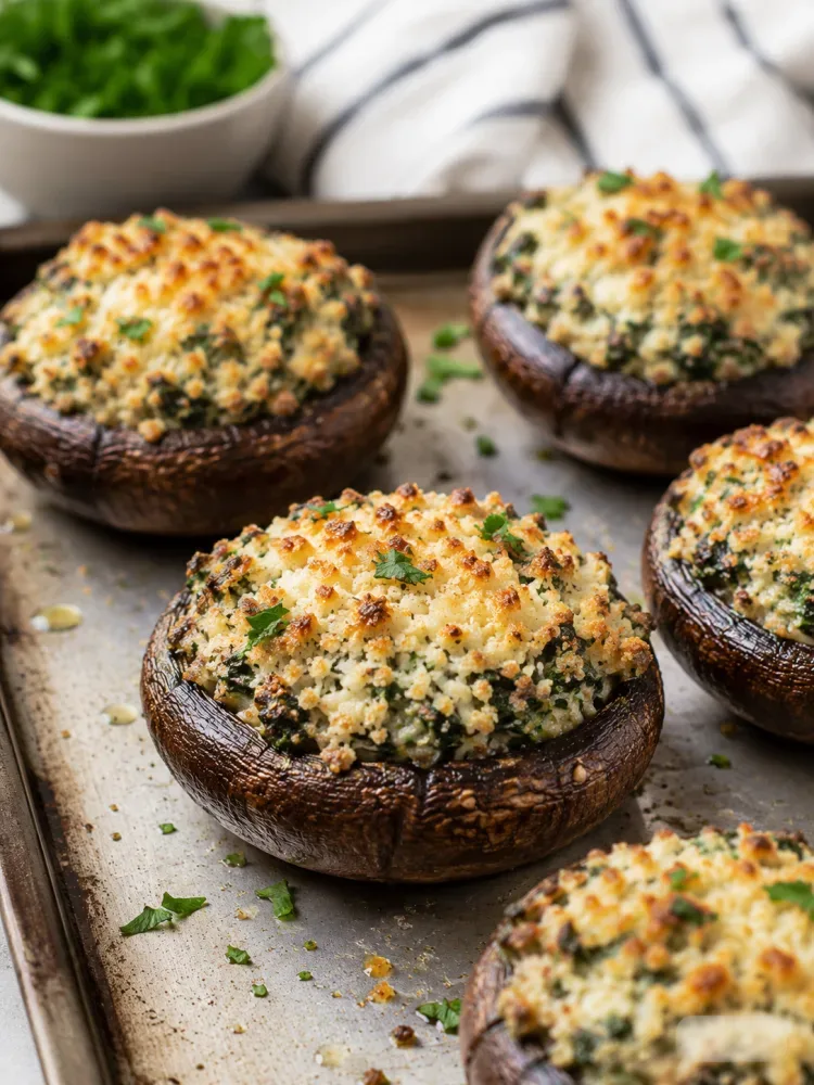 Close-up of baked Stuffed Portobello Mushrooms on a baking tray, filled with a savory herb and cheese stuffing and topped with a golden-brown crispy crust. The mushrooms are garnished with fresh parsley and photographed in natural light on a clean, rustic background, highlighting their rich texture and appetizing appearance.